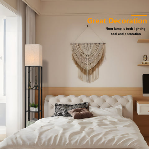Minimalistische Stehlampe aus schwarzem Metall mit Regalen und Lampenschirm aus Leinen – L26 x B26 x H158 cm, Fußschalter, E27-Fassung (Glühbirne nicht im Lieferumfang enthalten), europäischer Stecker