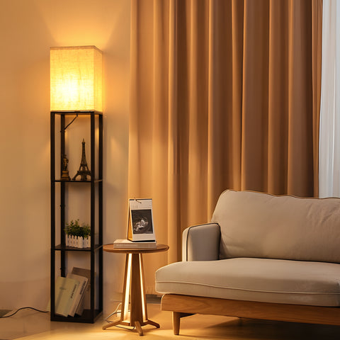 Minimalistische Stehlampe aus schwarzem Metall mit Regalen und Lampenschirm aus Leinen – L26 x B26 x H158 cm, Fußschalter, E27-Fassung (Glühbirne nicht im Lieferumfang enthalten), europäischer Stecker