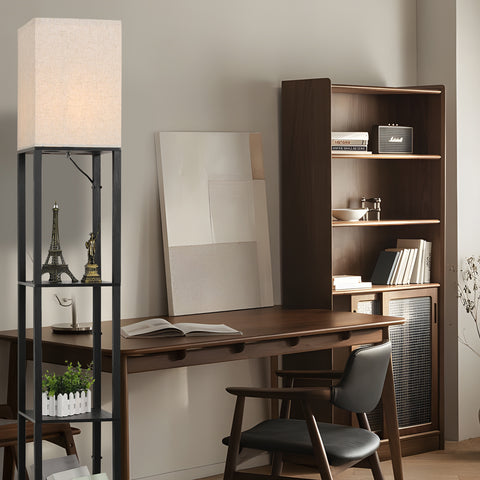Minimalistische Stehlampe aus schwarzem Metall mit Regalen und Lampenschirm aus Leinen – L26 x B26 x H158 cm, Fußschalter, E27-Fassung (Glühbirne nicht im Lieferumfang enthalten), europäischer Stecker