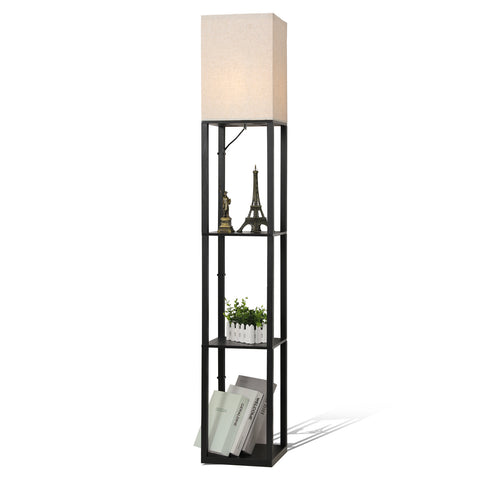Minimalistische Stehlampe aus schwarzem Metall mit Regalen und Lampenschirm aus Leinen – L26 x B26 x H158 cm, Fußschalter, E27-Fassung (Glühbirne nicht im Lieferumfang enthalten), europäischer Stecker