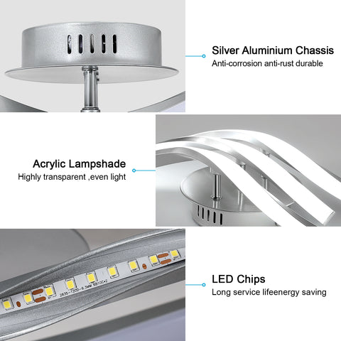 Moderne LED-Deckenleuchte mit Wellen, 52 cm – 3 Lampen aus silbernem Aluminium, 24 W, weißes Licht 6500 K, 220 V, CRI 80+, vielseitige Installation