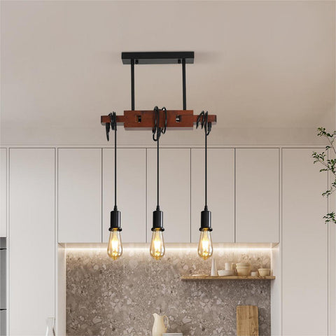 Industrielle Pendelleuchte, Vintage-Deckenleuchte aus Holz, E27-Kronleuchter mit 3 Lampen, 120 cm verstellbares Kabel, für Küche, Esszimmer, Café, Bar (keine Glühbirne)