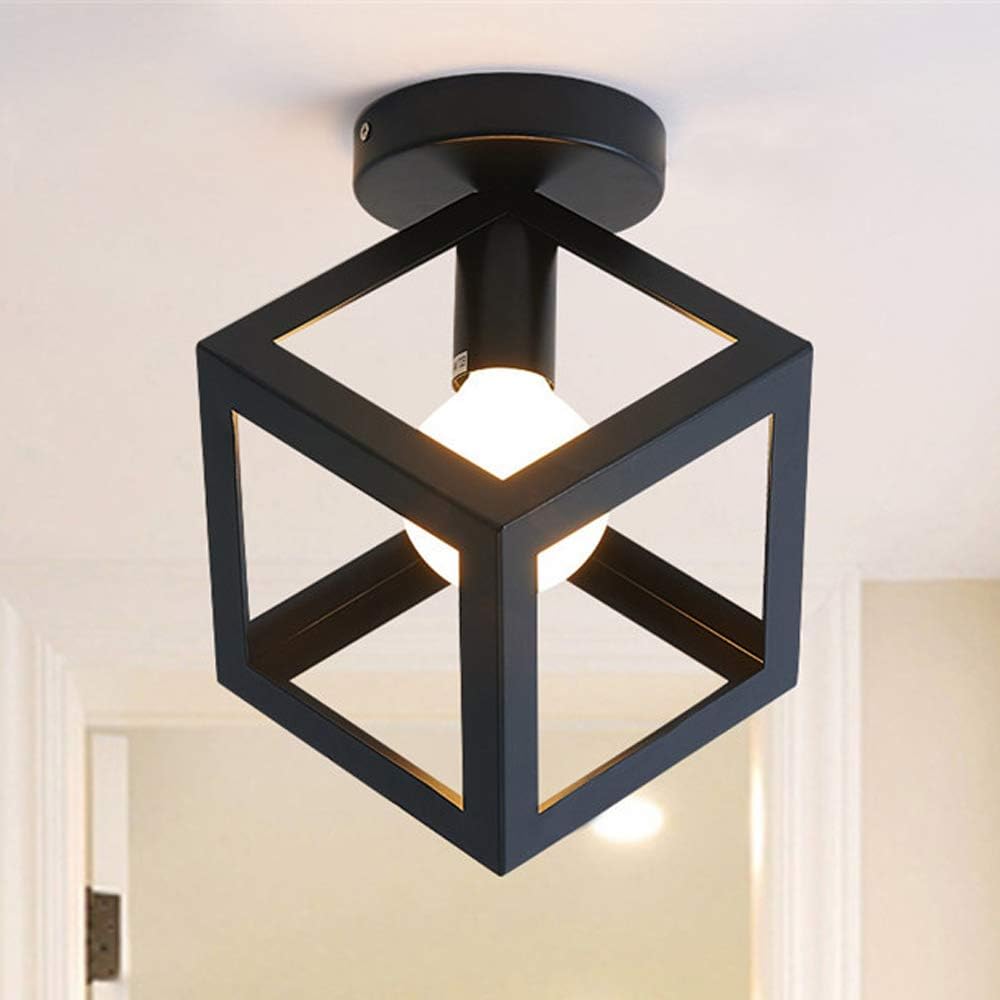 Deckenleuchte, moderne Leuchte, Käfigform, Kronleuchter, Vintage-Deckenlampe, geometrischer Stil, Metall-Lampenschirm, E27-Beleuchtung für Schlafzimmer, Wohnzimmer, Restaurant, Würfelform, 16 cm, Schwarz