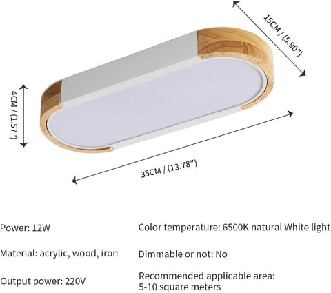 LED-Deckenleuchte aus Holz, 12 W, 6500 K, kühles Weiß, nordische moderne ovale LED-Deckenleuchte, Innen-Deckenleuchte für Schlafzimmer, Küche, Flur, Balkon 