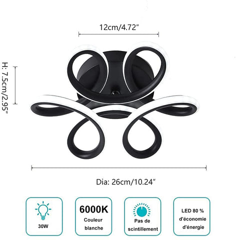 GOECO LED-Deckenleuchte, Kronleuchter, Durchmesser 26 cm, 22 W, 2500 lm, modernes geschwungenes Design, Deckenleuchte für Flur, Balkon, Küche, Badezimmer, Schlafzimmer, Kaltweiß 6000 K (schwarz)