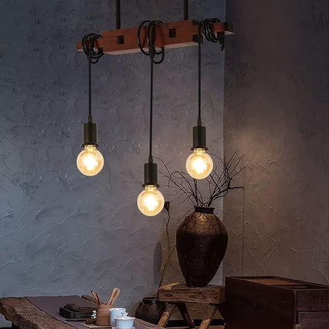Industrielle Pendelleuchte, Vintage-Deckenleuchte aus Holz, E27-Kronleuchter mit 3 Lampen, 120 cm verstellbares Kabel, für Küche, Esszimmer, Café, Bar (keine Glühbirne)
