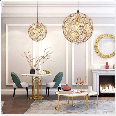 Goldene Deckenleuchte aus Edelstahl, modern und minimalistisch mit polyedrischer Struktur für Esszimmer, Wohnzimmer, Schlafzimmer oder Bar – 37 cm.