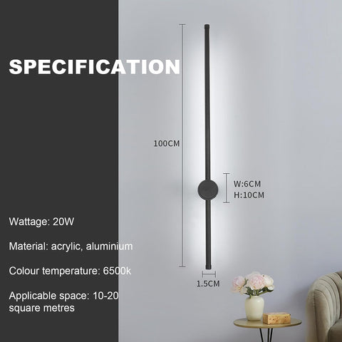 Innenwandleuchte, LED-Wandleuchte, 360° drehbar, 6500 K Kaltweiß, moderne schwarze Wandleuchte für Schlafzimmer, Wohnzimmer, Esszimmer, Flur, Treppe, 100 cm