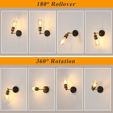 2er-Pack industrielle Vintage-E27-Wandleuchte, 270° verstellbare E27-Retro-Metall-Wandleuchte, goldene Innenwandleuchten für Treppen, Flur, Wohnzimmer, Küche (Glühbirne nicht im Lieferumfang enthalten).
