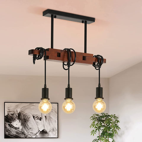 Industrielle Pendelleuchte, Vintage-Deckenleuchte aus Holz, E27-Kronleuchter mit 3 Lampen, 120 cm verstellbares Kabel, für Küche, Esszimmer, Café, Bar (keine Glühbirne)