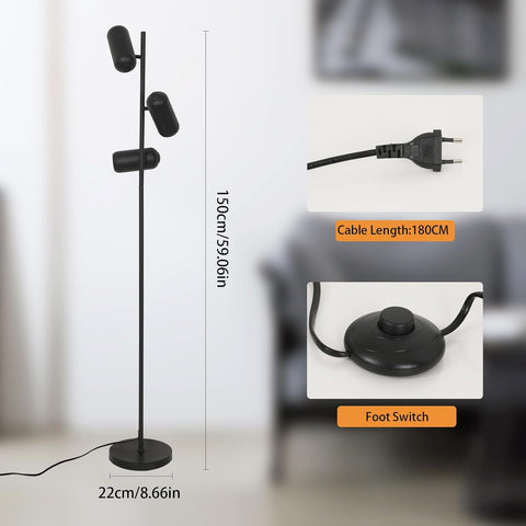 Minimalistische Stehleuchte aus Schmiedeeisen (3 schwarze Köpfe, 1,8 m Kabel) – GU10-Fassung, ohne Leuchtmittel