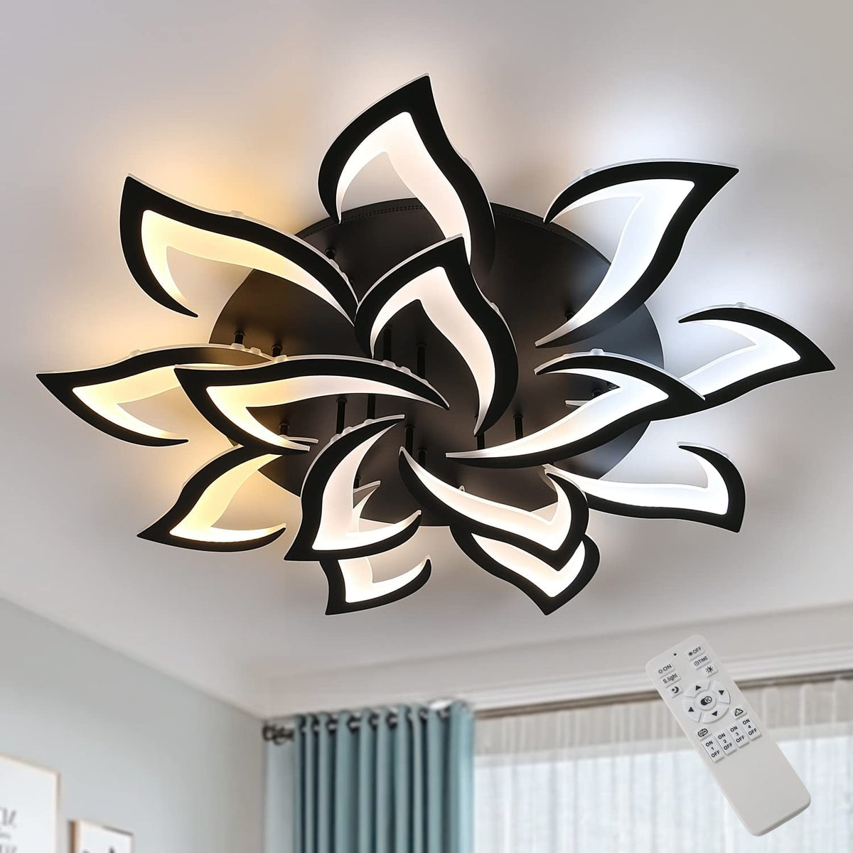 LED-plafondlamp, 84W met afstandsbediening Dimbare LED-plafondlamp 14 koppen, acryl metalen woonkamerkroonluchter met APP-afstandsbediening via mobiele telefoon, Diameter 90cm, Geschikt voor woonkamer, slaapkamer Zwart