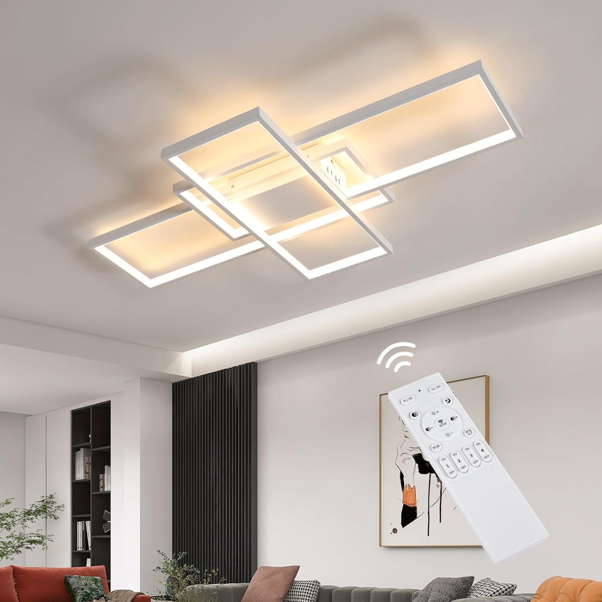 Moderne dimmbare rechteckige LED-Deckenleuchte – Weiß, 75 W, 90 x 50 x 9 cm, mit Fernbedienung, 2700 K–6500 K, 3 Lichtfarben – für Wohnzimmer und Schlafzimmer