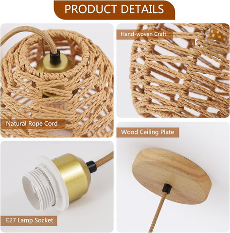 Handgewebter Kronleuchter, Vintage-Rattan-Pendelleuchte, Retro-Boho-Korb-Lampenschirm, E27-Deckenleuchte für Wohnzimmer, Schlafzimmer – 120 cm Linie