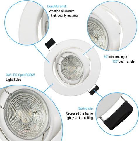 Set mit 6 verstellbaren RGB-LED-Einbaustrahlern mit Farbwechsel, 5 W (entspricht 50 W), Warmweiß 2700 K, weiße, runde Deckeneinbauleuchte aus Metall mit dimmbarer Fernbedienung