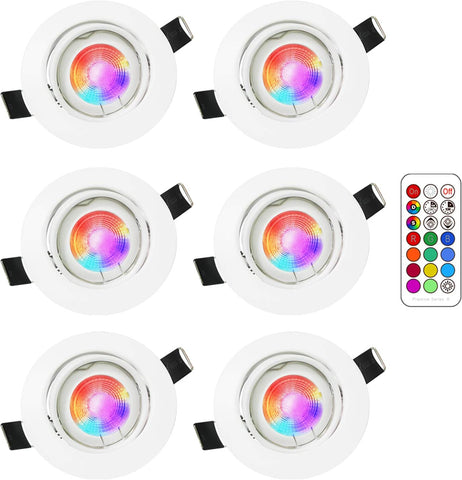 Set mit 6 verstellbaren RGB-LED-Einbaustrahlern mit Farbwechsel, 5 W (entspricht 50 W), Warmweiß 2700 K, weiße, runde Deckeneinbauleuchte aus Metall mit dimmbarer Fernbedienung