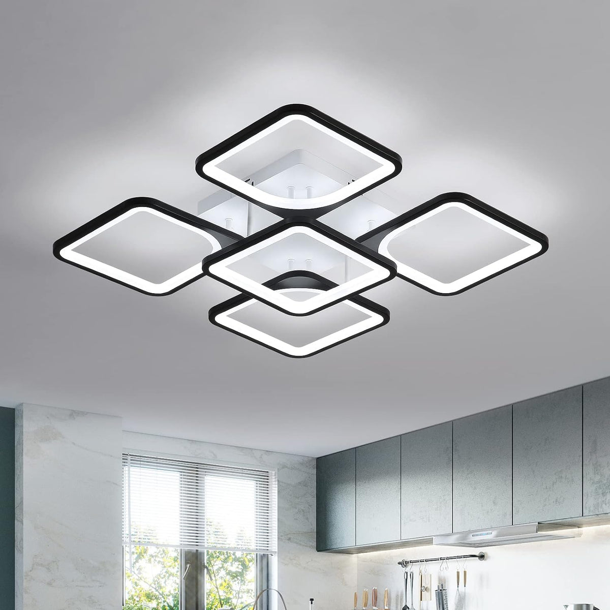 Moderne LED-Deckenleuchte, 4+1 Lichter, Acryl-Deckenleuchte, schwarze quadratische Deckenbeleuchtung, 64 W, 220 V, 6500 K, kaltweißes Licht, Deckenlampe für Wohnzimmer, Schlafzimmer, Arbeitszimmer (nicht dimmbar) 