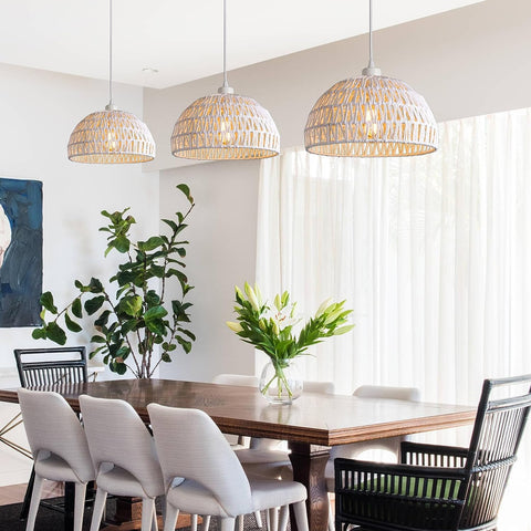 Moderne Rattan-Pendelleuchte, Kronleuchter, natürlicher Rattan-Lampenschirm, Hängelampe, höhenverstellbar, E27-Pendelleuchte für Küche, Schlafzimmer, Wohnzimmer, Café (weiß)