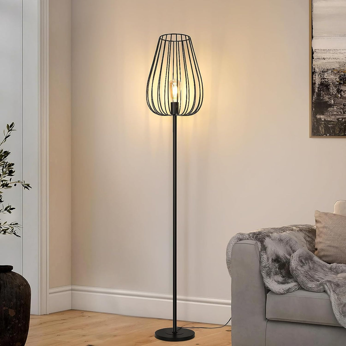 Lampa podłogowa w stylu vintage z metalowym kloszem, lampa podłogowa z włącznikiem nożnym, czarna metalowa lampa do salonu, gniazdo E27 bez żarówki