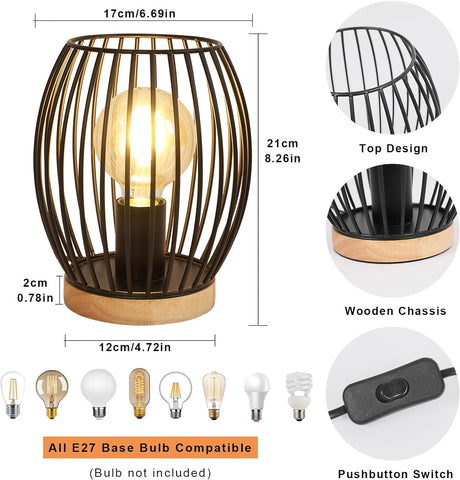 Schwarze Metall-E27-Käfig-Tischlampe, 21 cm hohe Schreibtischlampe, dekorative Design-Nachttischlampe für den Innenbereich mit Knopfschalter für Partygeschenke, Schlafzimmer, Wohnzimmer (keine Glühbirne)