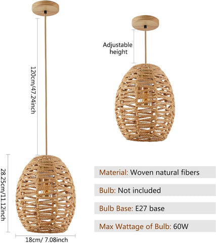 Handgewebter Kronleuchter, Vintage-Rattan-Pendelleuchte, Retro-Boho-Korb-Lampenschirm, E27-Deckenleuchte für Wohnzimmer, Schlafzimmer – 120 cm Linie