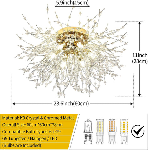 LED-Deckenleuchte, moderner Kristall-Kronleuchter, K9-Kristall-Deckenleuchte, verstellbare Farbtemperatur, 3000 K/4500 K/6500 K, 6 G9 Gold-Deckenleuchte 