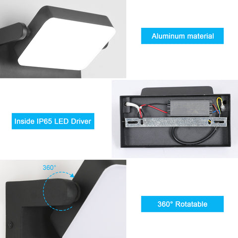 LED-Wandleuchte für den Außenbereich, IP65 – 20 W, 2250 lm, 6500 K, 360° drehbar, widerstandsfähiges Aluminium