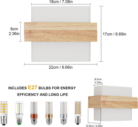 Innenwandleuchte Holz E27 mit 12W Dreifarbiger Lampe