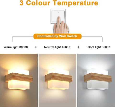 Innenwandleuchte Holz E27 mit 12W Dreifarbiger Lampe