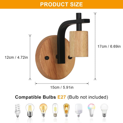 2er Set Vintage Wandleuchten Holz und Metall Schwarz E27