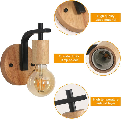 2er Set Vintage Wandleuchten Holz und Metall Schwarz E27