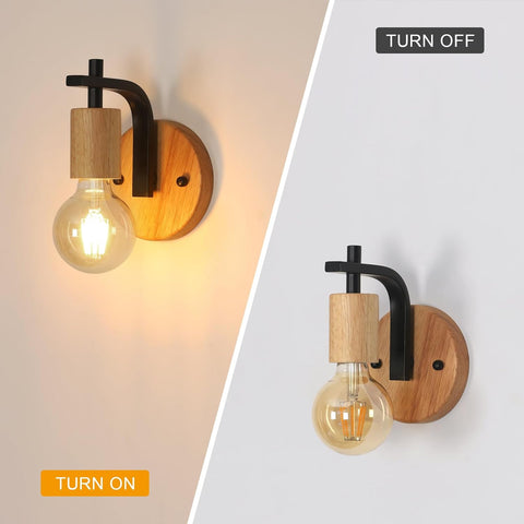 2er Set Vintage Wandleuchten Holz und Metall Schwarz E27