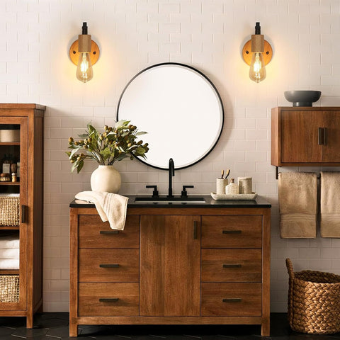 2er Set Vintage Wandleuchten Holz und Metall Schwarz E27