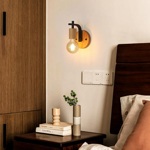 2er Set Vintage Wandleuchten Holz und Metall Schwarz E27