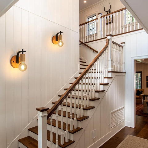 2er Set Vintage Wandleuchten Holz und Metall Schwarz E27