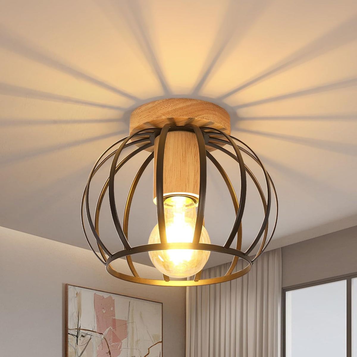 Industrielle Deckenleuchte Holz & Metall – Schwarzer Käfig E27
