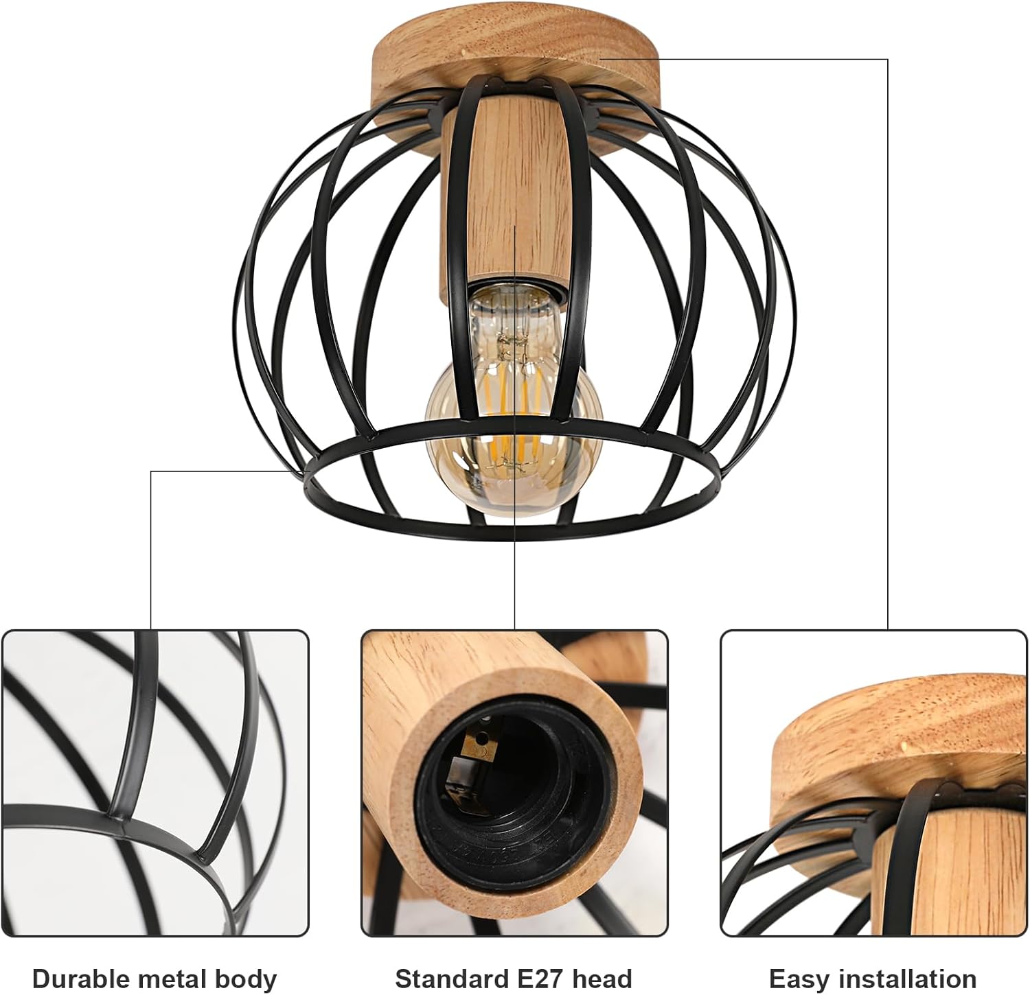 Industrielle Deckenleuchte Holz & Metall – Schwarzer Käfig E27