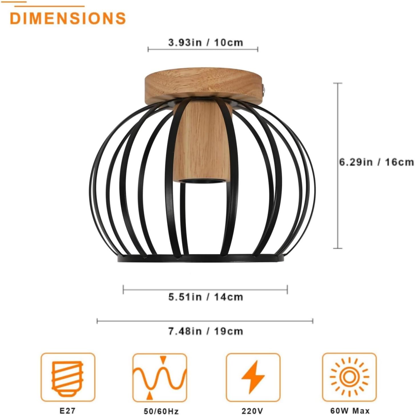Industrielle Deckenleuchte Holz & Metall – Schwarzer Käfig E27