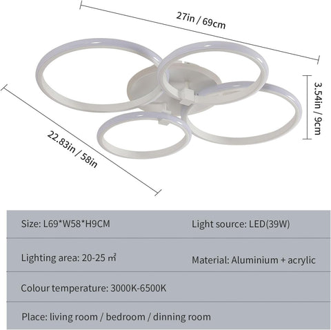 Moderner LED-Deckenleuchte mit 4 Ringen, 39W