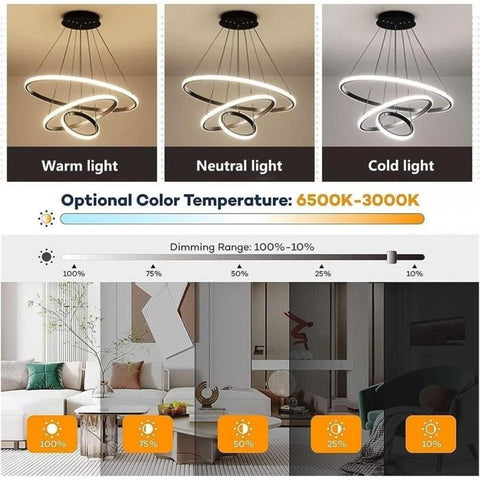 Dimmbarer Kronleuchter, 40 W, moderne Kreisringe-Pendelleuchte, dimmbar, 3000 K-6000 K, für Wohnzimmer, Schlafzimmer, Esszimmer, Büro, Schwarz