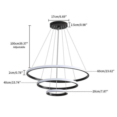 Dimmbarer Kronleuchter, 40 W, moderne Kreisringe-Pendelleuchte, dimmbar, 3000 K-6000 K, für Wohnzimmer, Schlafzimmer, Esszimmer, Büro, Schwarz