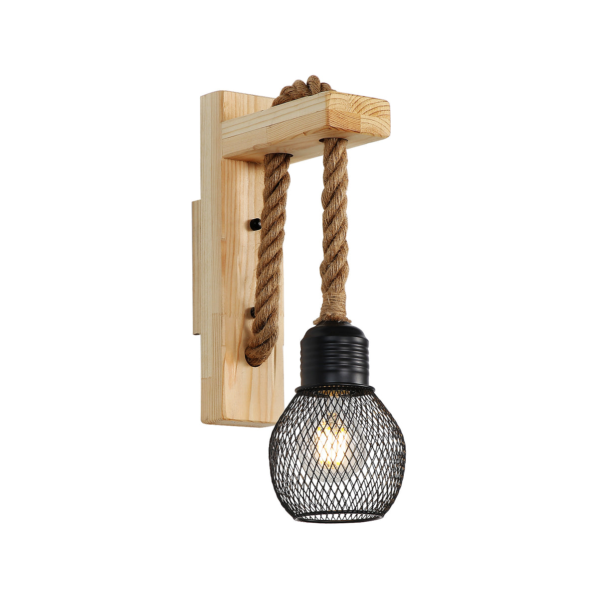 GOECO Vintage-Industrie-Wandleuchte, Retro-rustikale Holz-Wandlampe, schwarzer Metallkäfig-Lampenschirm, Hanfseil-hängende Wandbeleuchtung (keine Glühbirnen) 