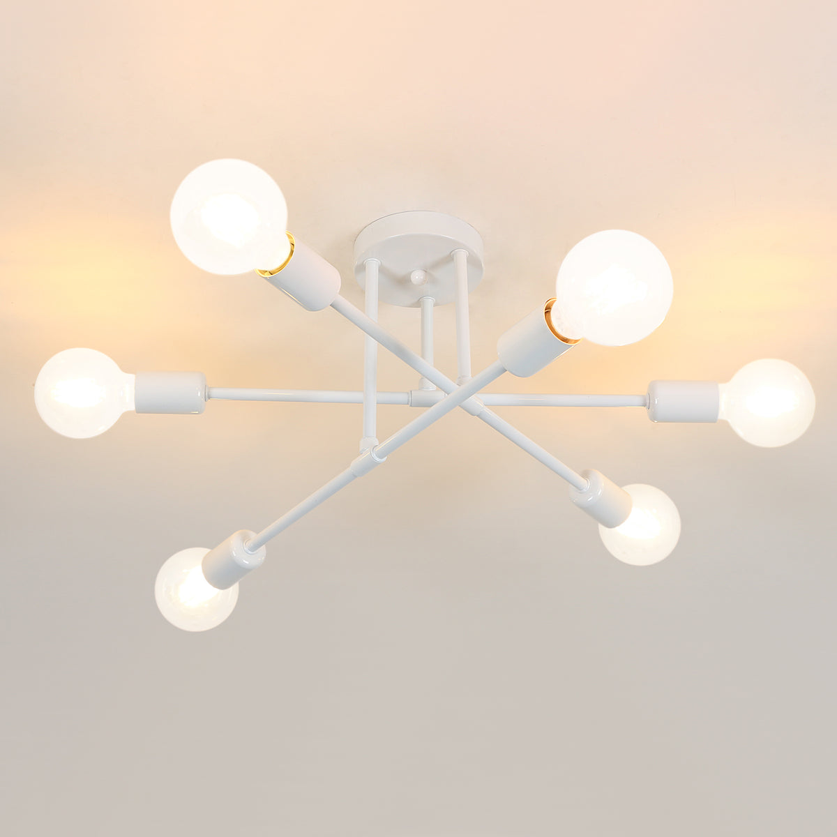 Moderne LED-plafondlamp, retro kroonluchter vintage hanglamp 6 lampen E27 voet, metalen kroonluchter verlichtingsarmatuur lamp voor woonkamer slaapkamer keuken hal zolder eetkamer bar café, wit (zonder lampen)