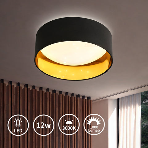 Moderne Deckenleuchte 12W 1000LM, 3000K Schwarz und Gold Pailletten Deckenleuchte, LED-Kronleuchter mit Sternenhimmel-Effekt für Wohnzimmer, Schlafzimmer