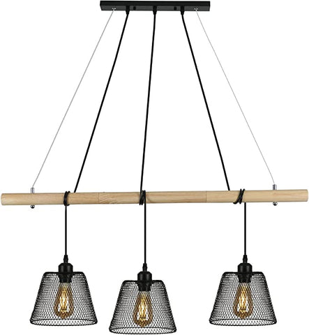 Industrielle Vintage-Leuchte mit 3 Lichtern, hängender Holz-Kronleuchter im Industriedesign, industrieller Wohnzimmer-Kronleuchter mit E27-Fassung, Hängelampe aus Stahl für das Esszimmer