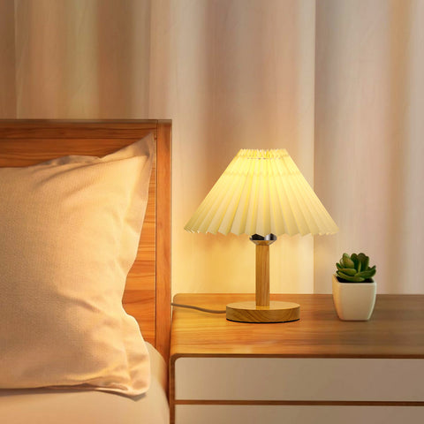 Schreibtischlampe, E27-Plissee-Tischlampe aus Holz, kreatives Mini-Stimmungslicht für Schlafzimmer