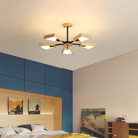 Holz-Pendelleuchte, Wohnzimmer-Kronleuchter-Lampen-Befestigung für Innenbeleuchtung, Holz-Fünf-Lichter, geometrische Pendelleuchten für 5 E27-Glühbirnen (ohne Glühbirne) 