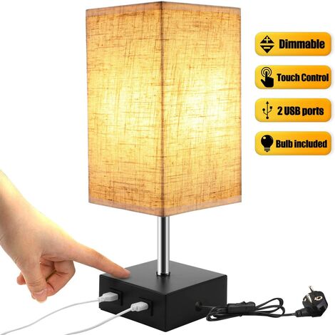 Dimmbare Touch-Nachttischlampe, 2 USB mit E27-Glühbirne, beige Stoffschirm, Tischlampe für Nachtbar, Schlafzimmer, Wohnzimmer, Hotel, Café, Kinderzimmer, Wohnzimmer, Büro (ohne Glühbirne)