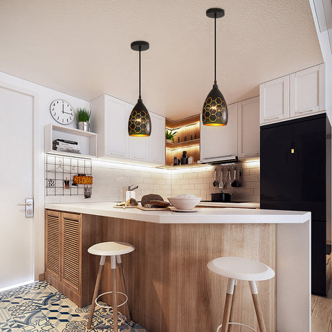 Vintage Pendelleuchte, E27, Schwarz und Gold, Ausschnitt, 120 cm, Metall-Kronleuchter, Kronleuchter im Industriedesign, Hängeleuchte für Wohnzimmer, Schlafzimmer, Café, Bar, Restaurant