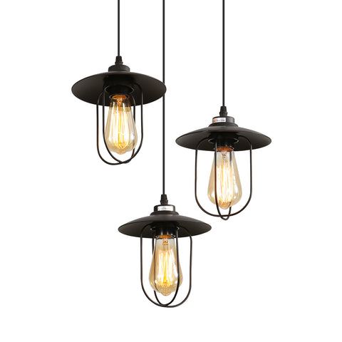 Industrie Kronleuchter, Vintage 3-flammige Pendelleuchte im Industrial Design, Retro Hängelampe mit 3 Metallkäfigen, Farbe: Schwarz, Fassung: E27, 3-flammig